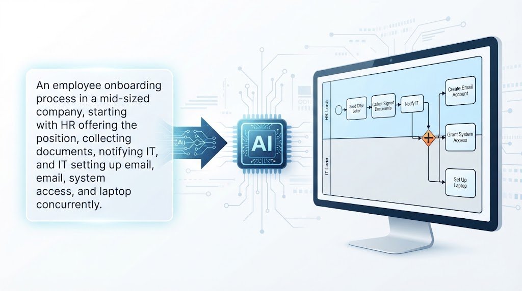 Infographic illustrating the transformation of a text prompt into a structured BPMN diagram by an AI model.
