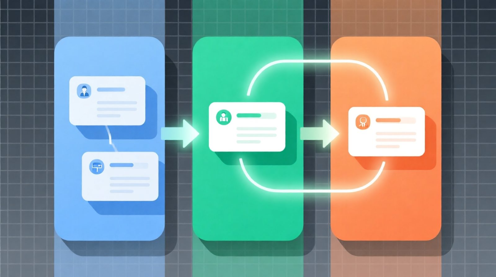 Modern minimalist vector illustration of a project management workflow with three vertical swimlanes showing task cards and dependency flow.