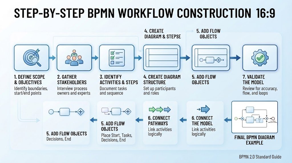 Infographic illustrating the sequential workflow construction process for building professional BPMN architecture from scope definition to model validation.