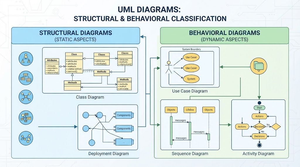 Infographic classifying UML diagrams into structural static components and behavioral dynamic interactions with 16:9 modern layout.
