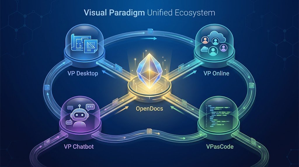 A visual ecosystem diagram connecting VP Desktop, VP Online, VP Chatbot, and VPasCode around OpenDocs with directional data flow arrows on a clean 16:9 background.