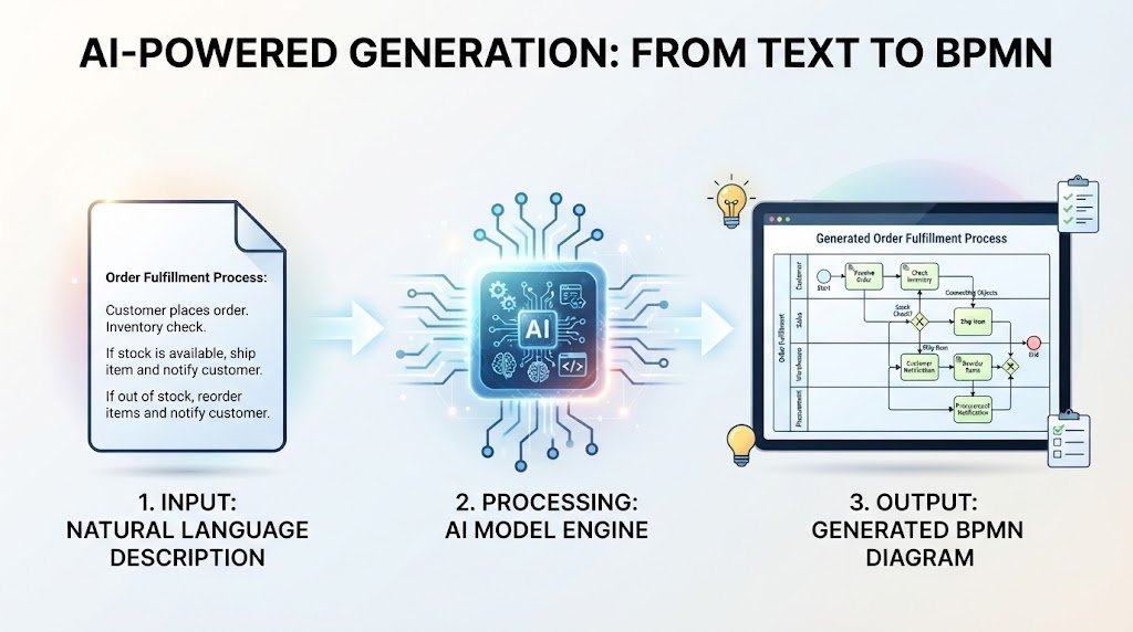 Infographic illustrating prompt-to-diagram AI workflow converting text descriptions into structured BPMN process flowcharts.