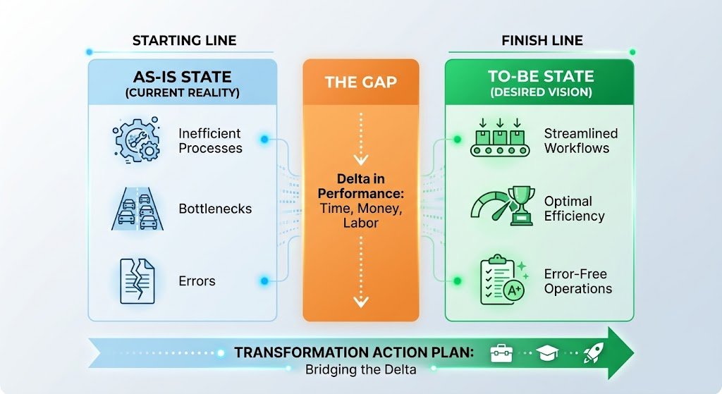 Informational diagram illustrating the Gap Analysis framework comparing current As-Is state, desired To-Be state, and the transformation action plan bridging the delta.
