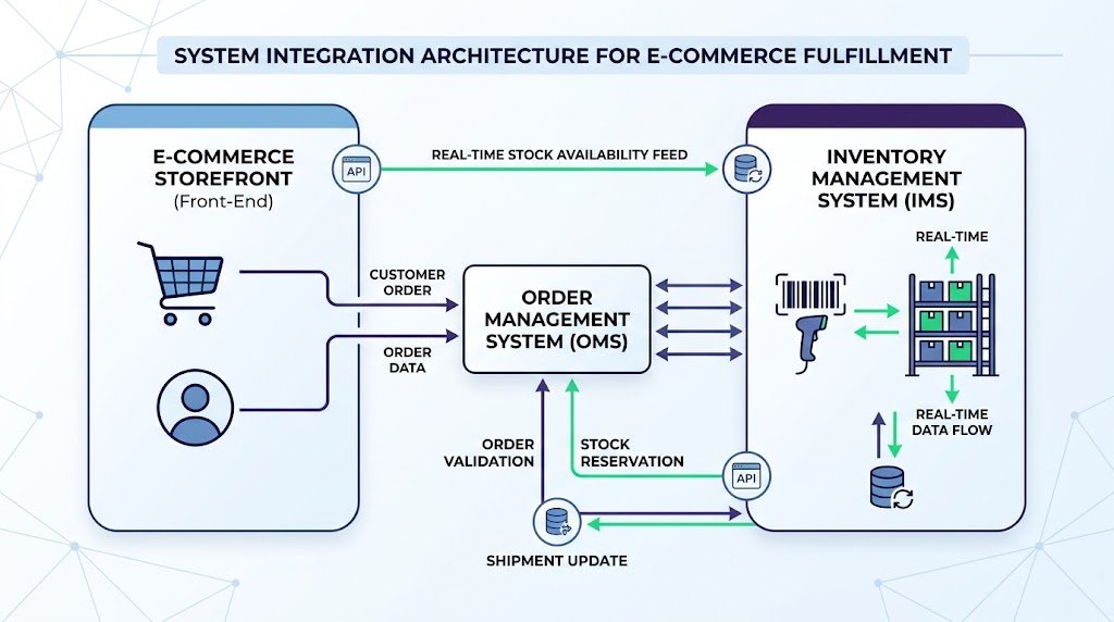 A modern 16:9 infographic showing an automated To-Be BPMN e-commerce process flow with real-time API inventory integration and automated notifications
