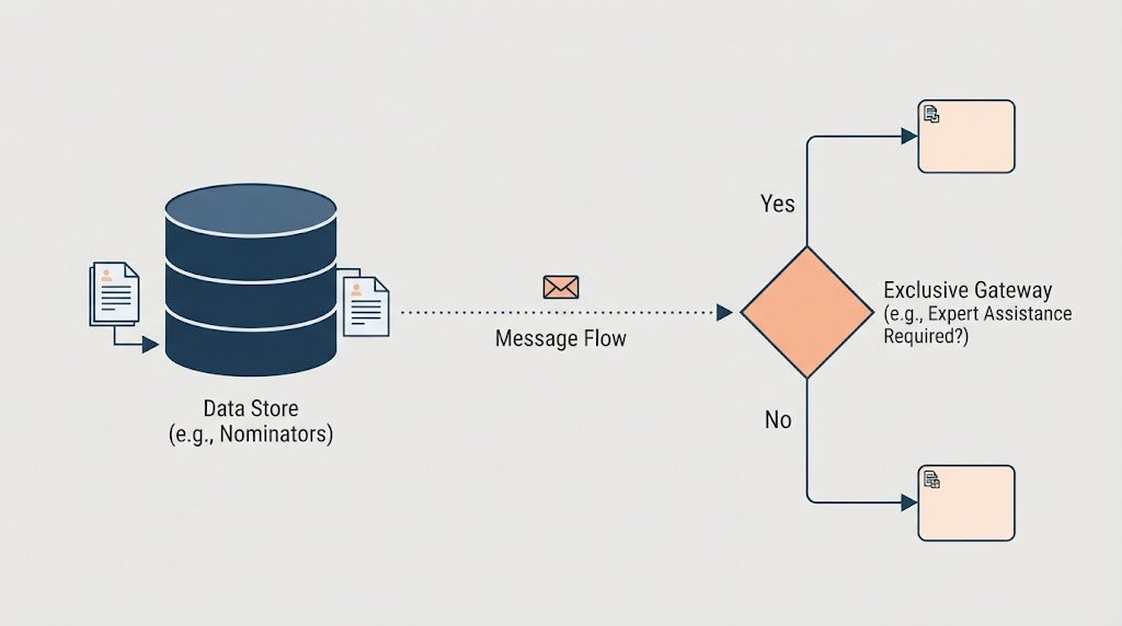 Infographic detailing BPMN decision gateways, exclusive branches, and data storage cylinder symbols in workflow execution.