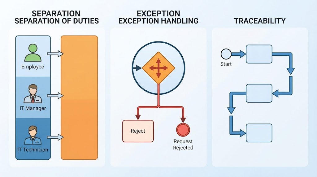 Infographic summarizing the three core BPMN concepts: Separation of Duties, Exception Handling, and Traceability, with icons.