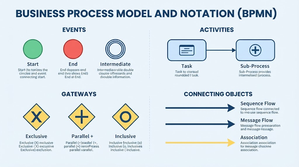 Infographic detailing BPMN core elements: Events (Start, End, Intermediate), Activities (Task, Sub-Process), Gateways (Exclusive, Parallel, Inclusive), and Connecting Objects.