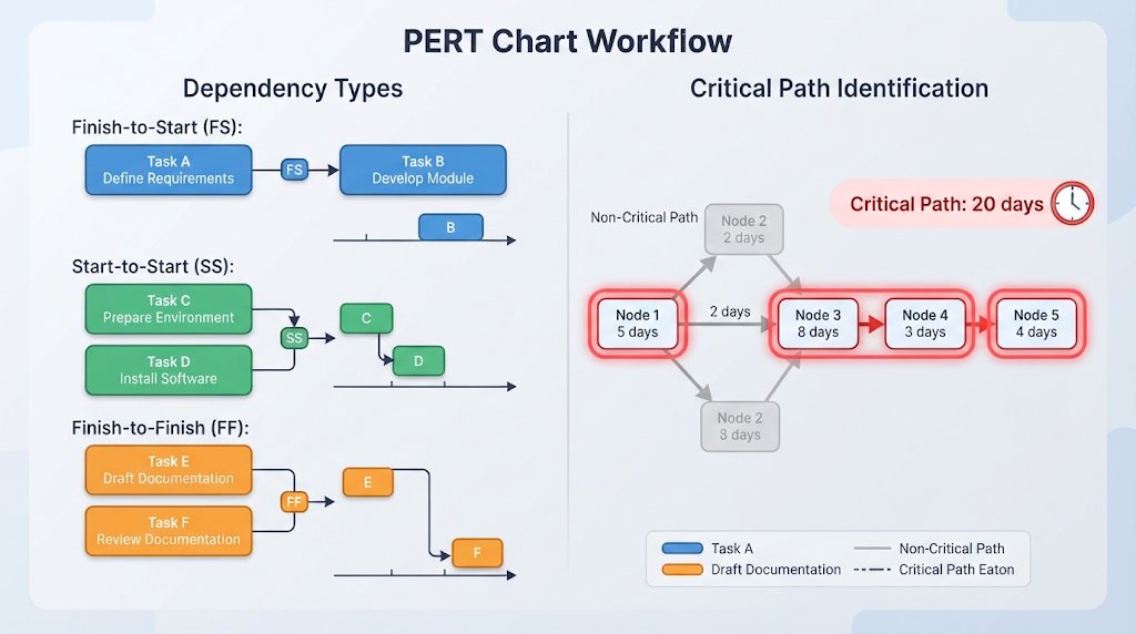 Conceptual diagram illustrating different PERT dependency types: Finish-to-Start, Start-to-Start, and highlighting the Critical Path through a sequence of nodes.