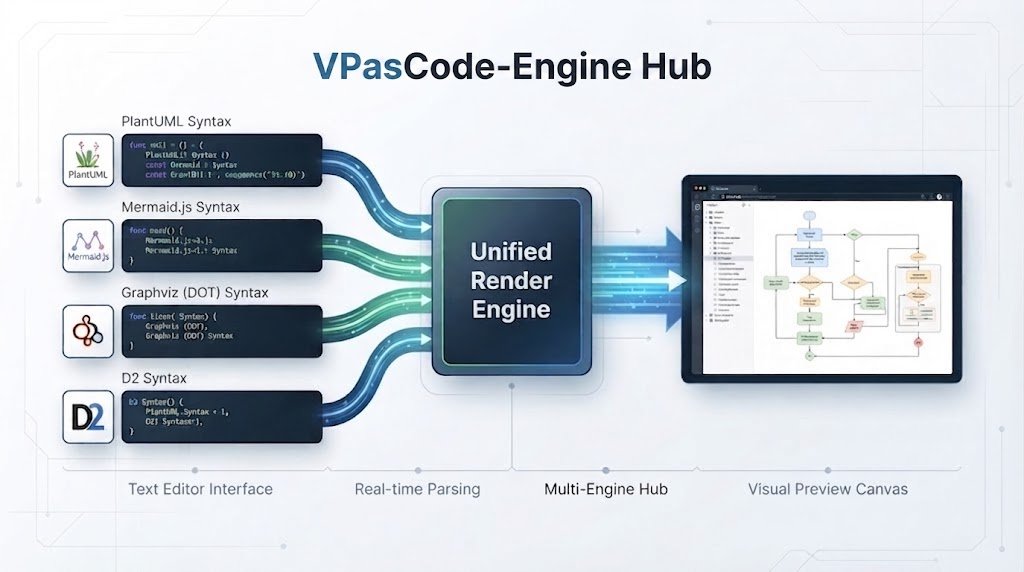 A 16:9 modern architectural diagram illustrating the multi-engine hub of VPasCode, connecting text inputs from PlantUML, Mermaid.js, Graphviz, and D2 into a unified real-time render engine.