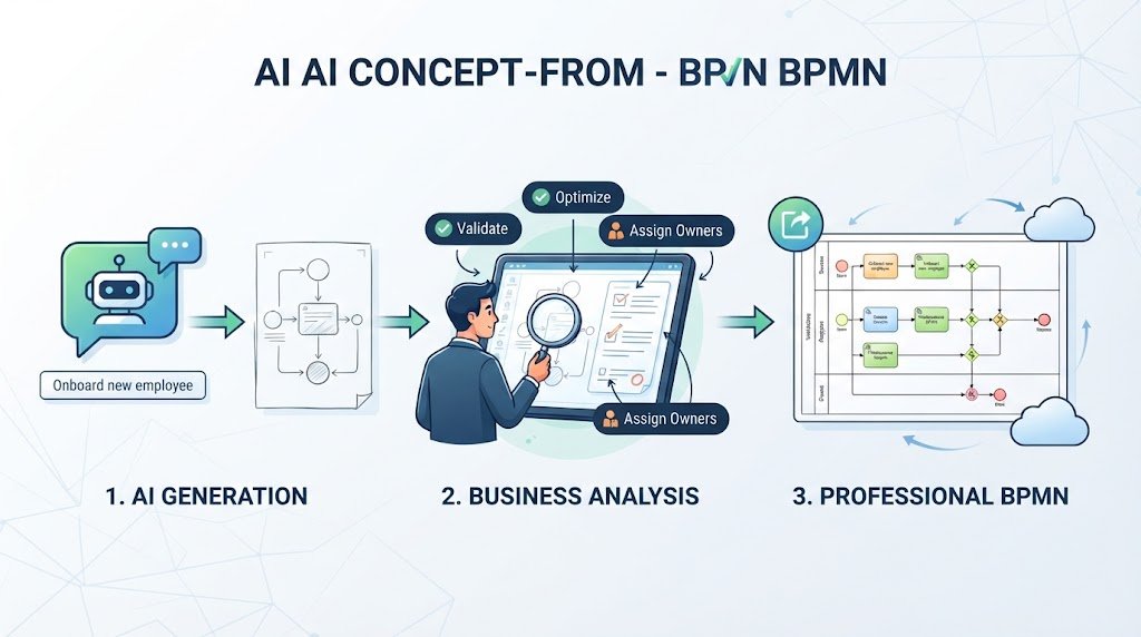 Process flow infographic illustrating the transformation from an AI chatbot prompt to a validated, professional BPMN model.