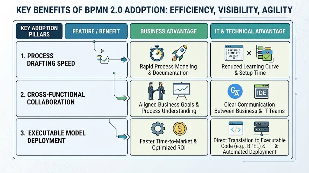 Visual comparison matrix highlighting the core benefits of BPMN adoption including drafting speed, cross-functional collaboration, and executable code deployment.
