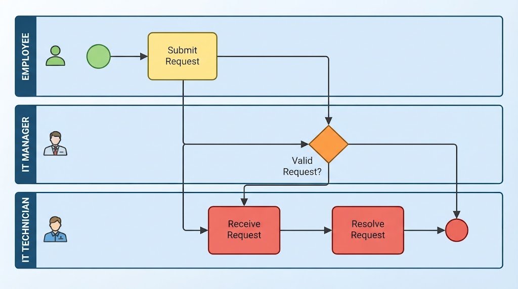 Infographic illustrating the separation of duties in a BPMN swimlane diagram among Employee, IT Manager, and IT Technician.