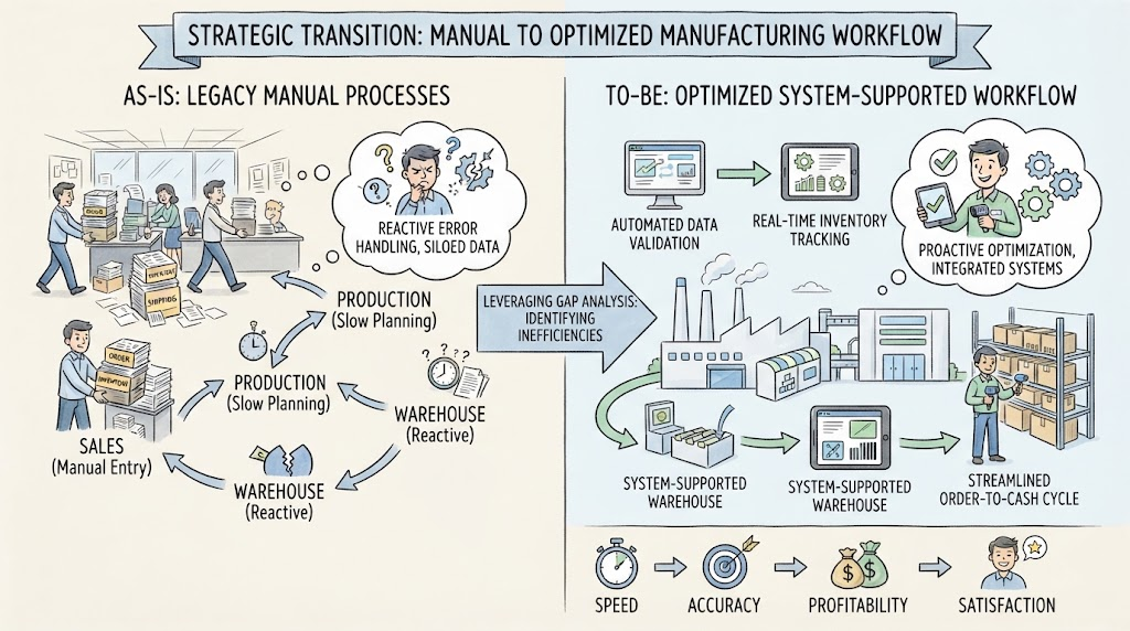 Manual To Optimized Manufacturing Workflow Diagram