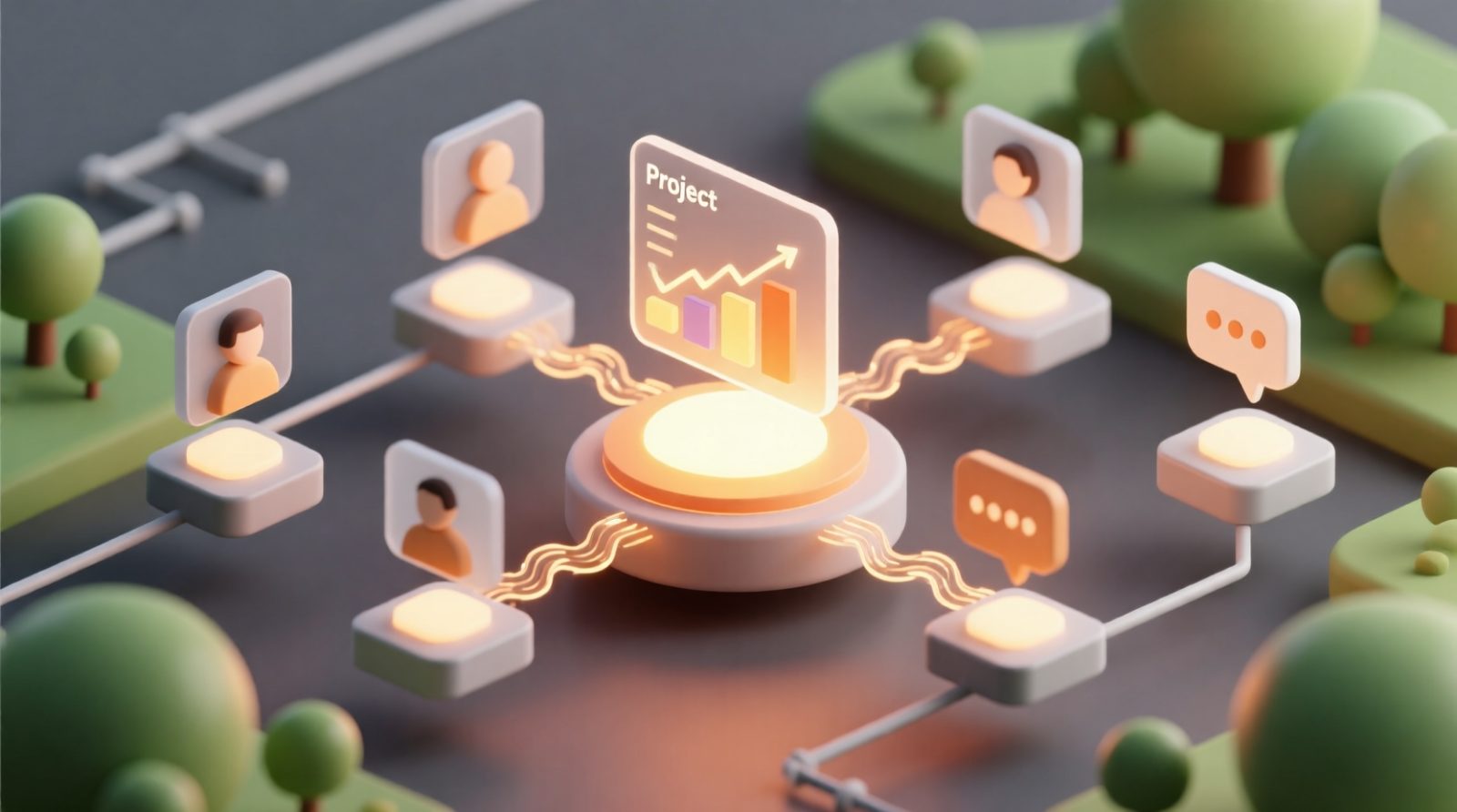 Abstract 3D illustration of a central project chart connected to user icons and systems via data streams, symbolizing project management integration.