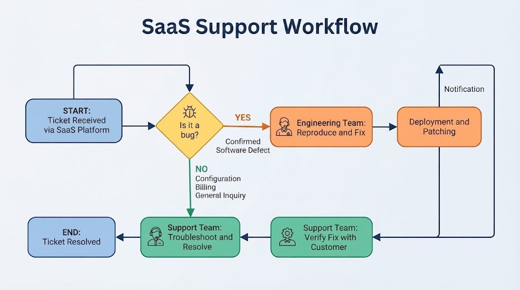 Process flowchart illustrating decision gateway logic for routing support tickets based on whether an issue is a software bug.