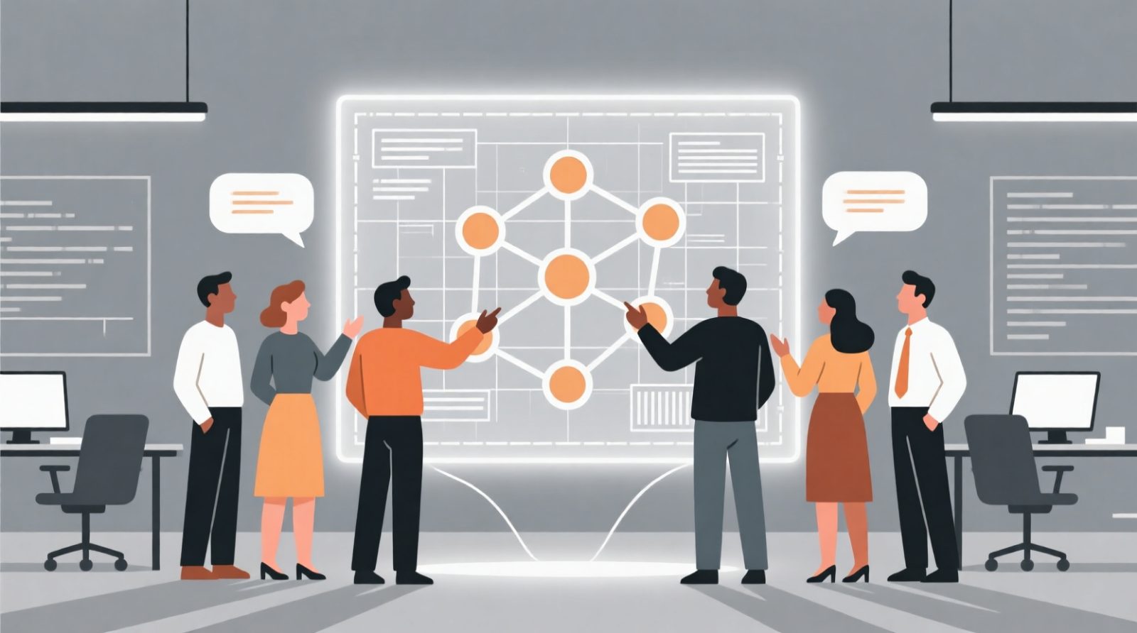 Team collaborating around a glowing digital blueprint displaying a network of connected nodes for project management.