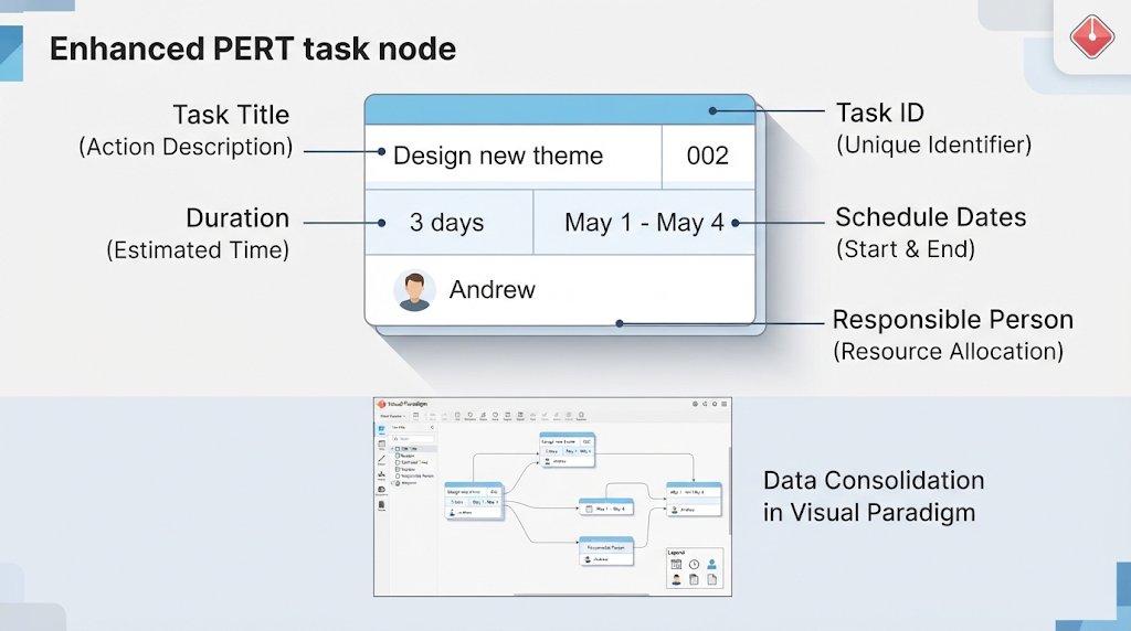 Infographic detailing the components of an Enhanced PERT task node in Visual Paradigm, showing Task ID, Title, Duration, Schedule Dates, and Responsible Person.