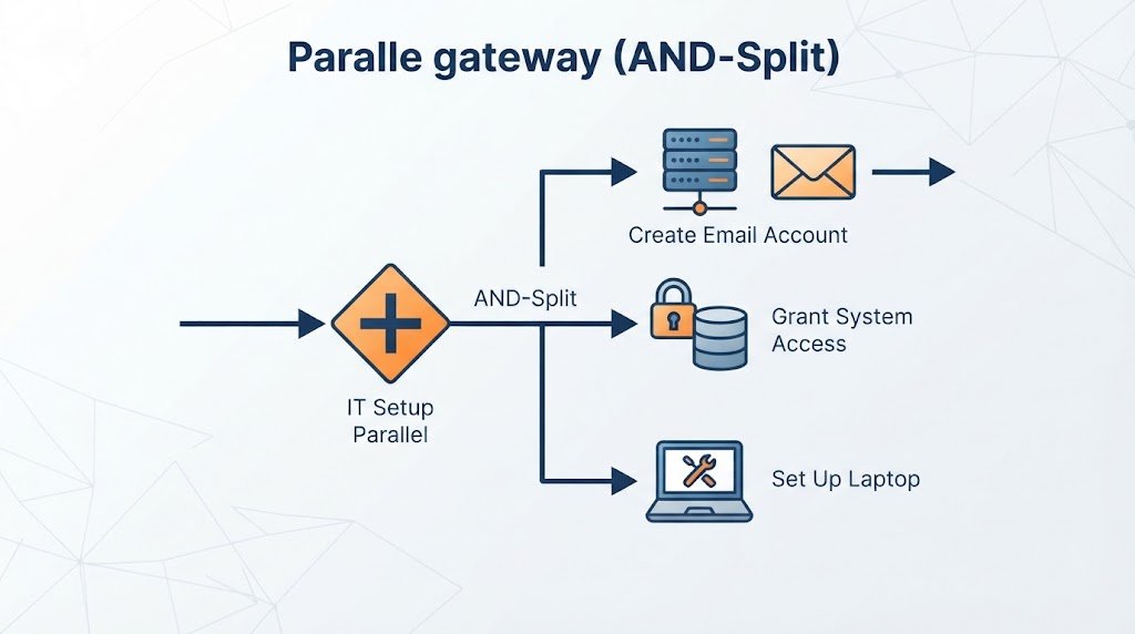 Conceptual diagram showing a BPMN parallel gateway splitting a single flow into three concurrent IT provisioning tasks.