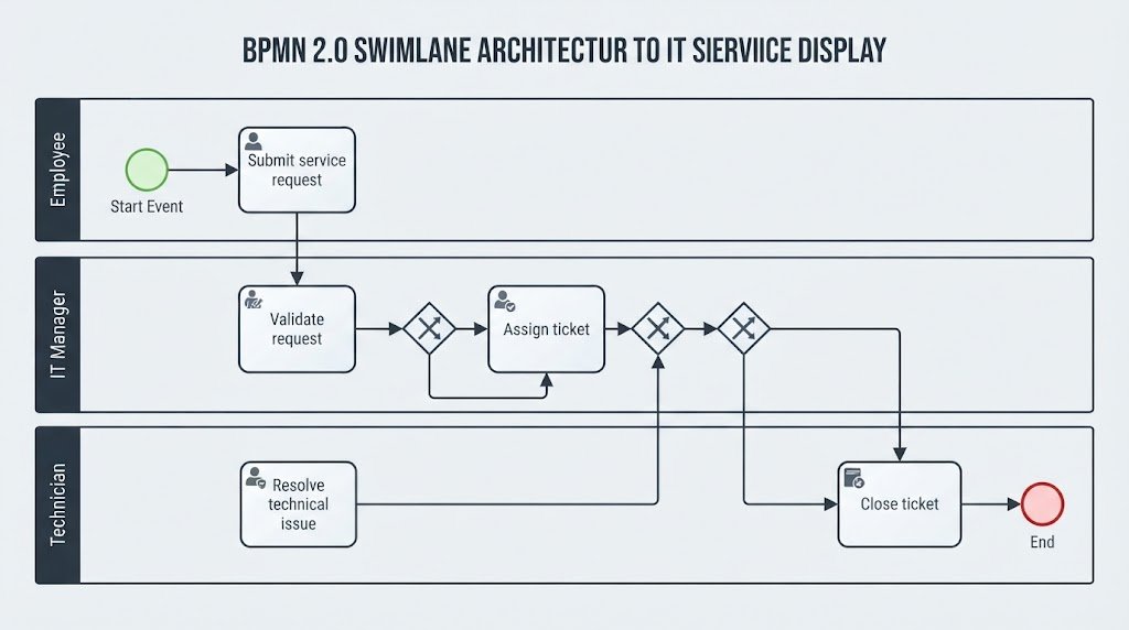 A modern 16:9 infographic illustrating BPMN 2.0 swimlane architecture for IT service request management, showing distinct horizontal roles for Employees, IT Managers, and Technicians.