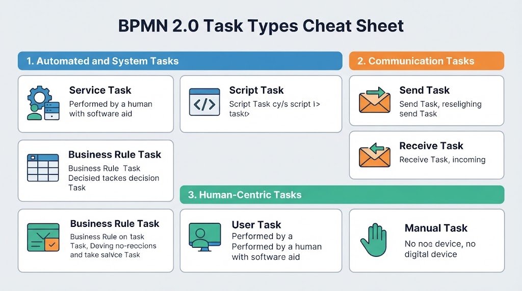 Comprehensive visual cheat sheet mapping out BPMN 2.0 task types including service, script, business rule, send, receive, user, and manual tasks with their standard icons.