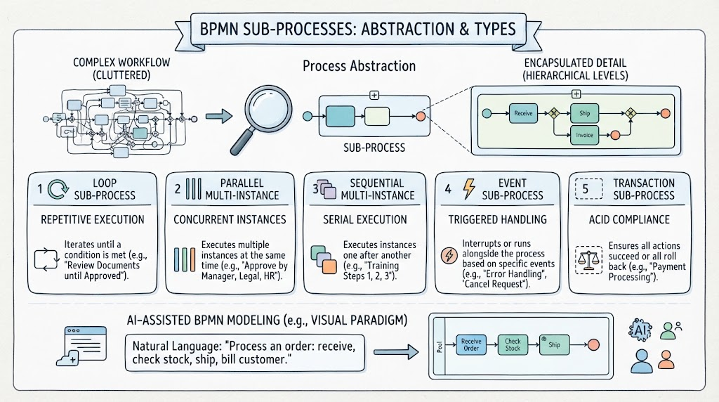 Mastering BPMN Sub-processes: Abstraction, Types, and AI Modeling