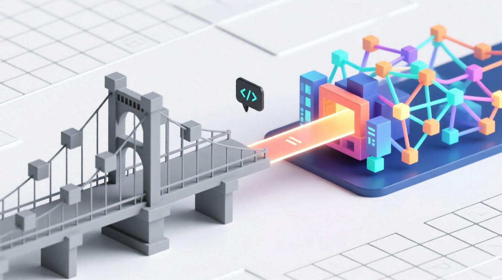3D illustration of a bridge connecting rigid gray grid to vibrant glowing nodes symbolizing UML evolution from drag-and-drop to diagrams as code