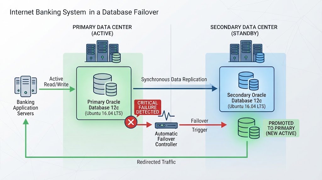 Flowchart showing primary and secondary Oracle database replication architecture with automatic failover for high availability banking systems