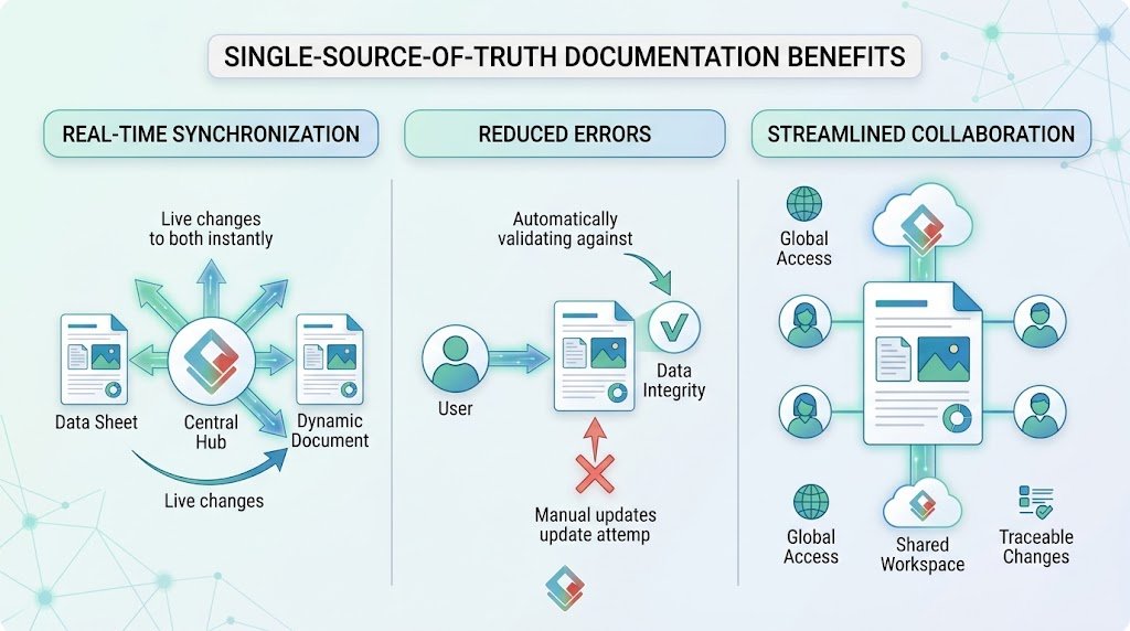 16:9 conceptual visual matrix comparing disconnected static image workflows versus synchronized single source of truth documentation pipelines