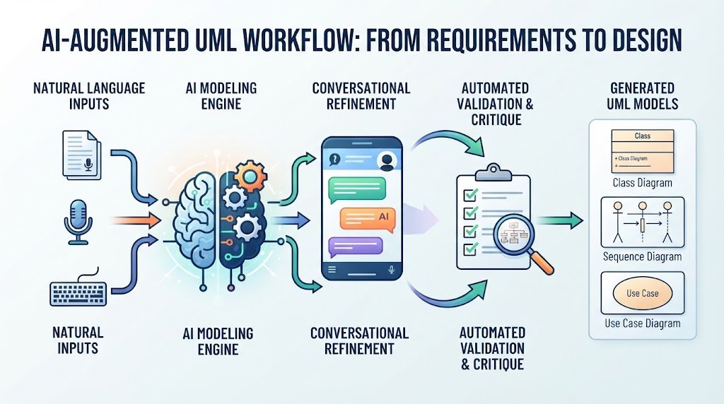 Diagram showing the AI-augmented UML workflow from natural language requirements to automated diagram generation and validation.
