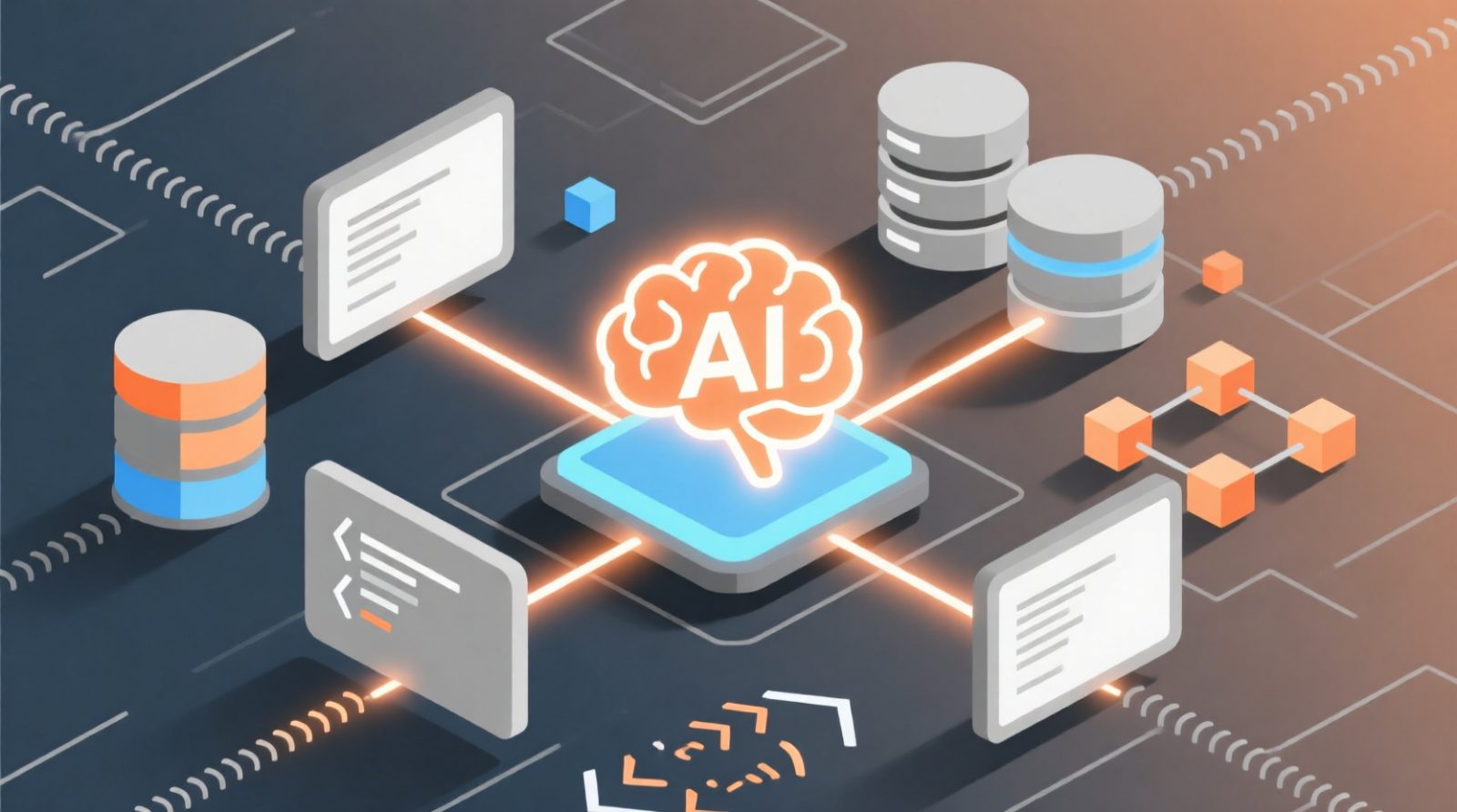 Glowing AI brain icon connected to databases and code blocks illustrating AI integration in software architecture.