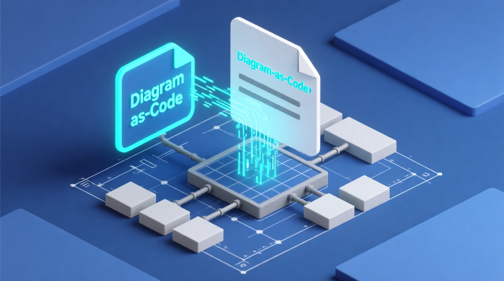 Isometric 3D diagram illustrating Diagram-as-Code transforming a text file into a system architecture blueprint using VPasCode.