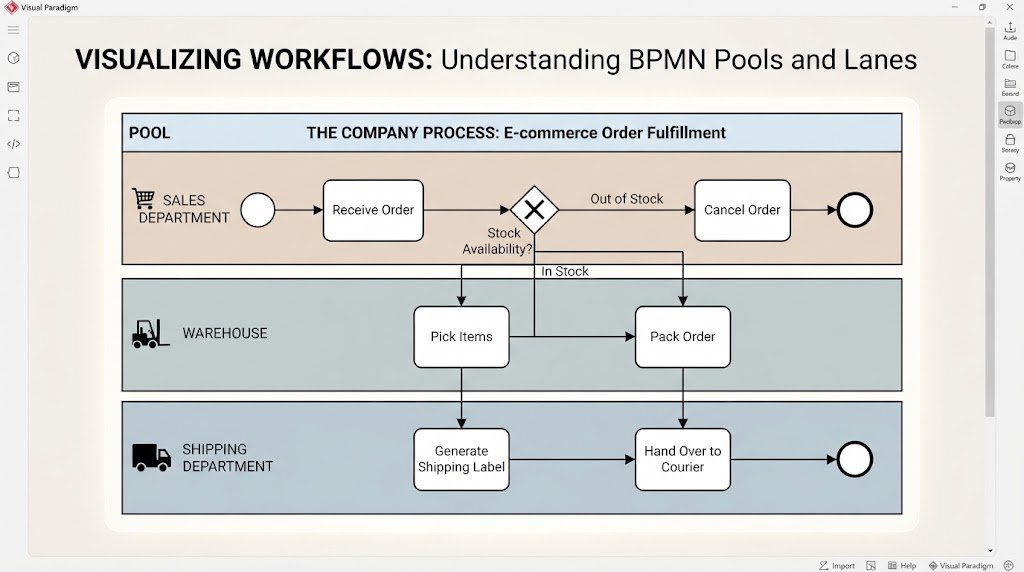 Visual diagram explaining the structural hierarchy of BPMN pools and swimlanes, dividing tasks across distinct enterprise departments like Sales, Warehouse, and Shipping.
