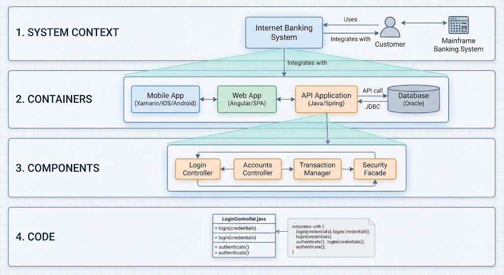 Infographic illustrating the four hierarchical levels of the C4 software architecture model including Context, Container, Component, and Code