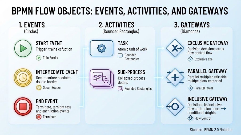 Technical breakdown illustration showing BPMN flow objects including circular start and end events, rounded rectangular tasks, and diamond-shaped exclusive, parallel, and inclusive gateways.