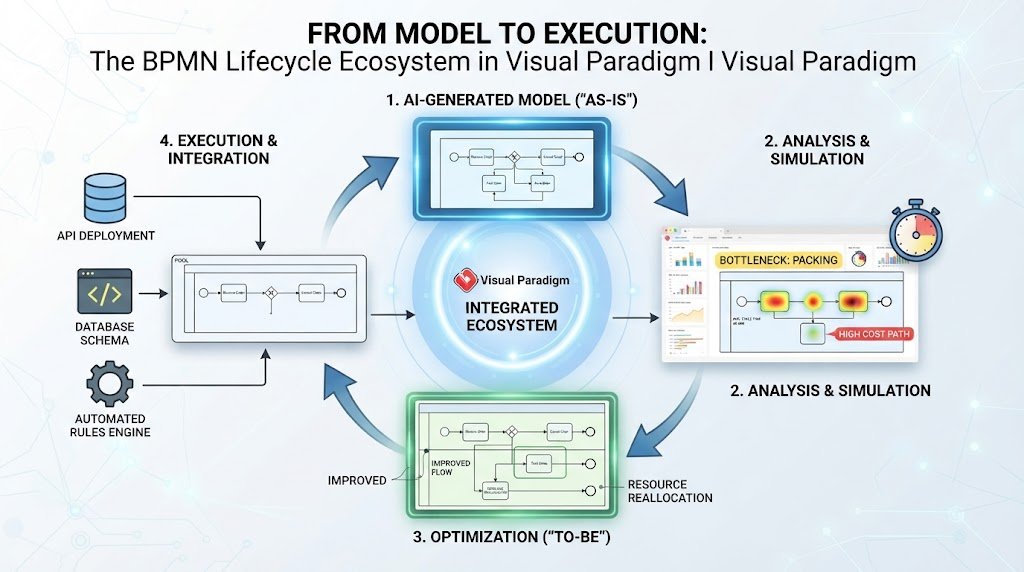Comprehensive flowchart showing the enterprise process lifecycle from AI-generated BPMN models through As-Is vs To-Be analysis, process simulation, and code generation.