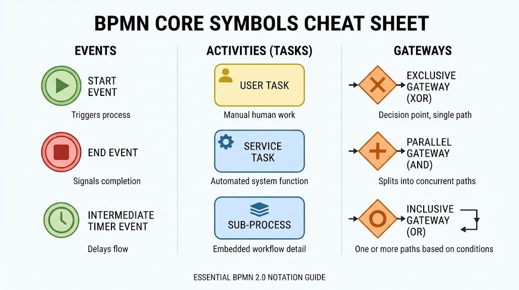 Infographic chart displaying core BPMN 2.0 symbols including green start events, yellow user tasks, and orange decision gateways for business process modeling.