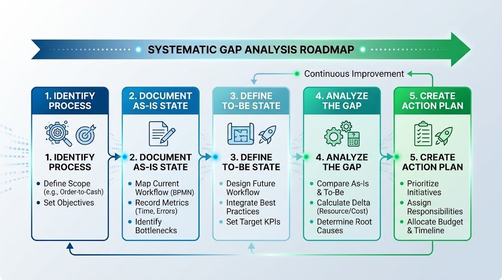 Step-by-step process flowchart outlining the 5 key stages of gap analysis from process identification to action plan execution.