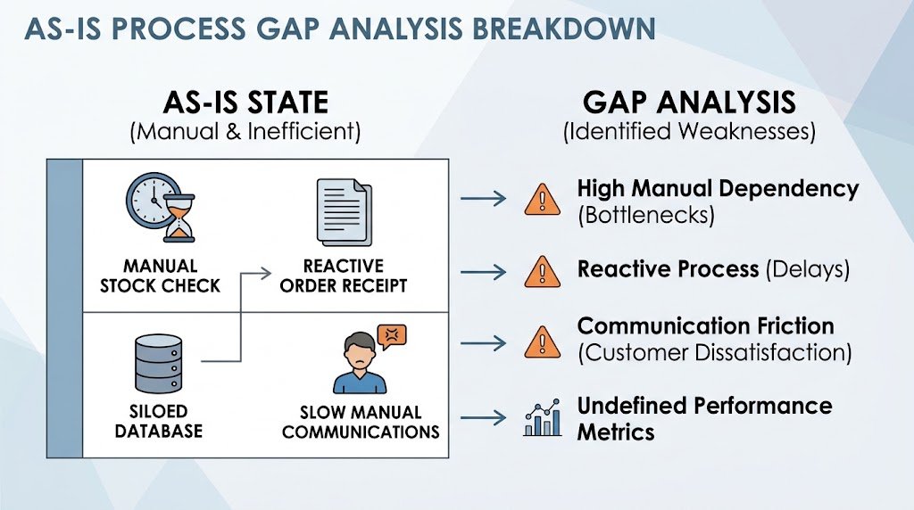 Informational infographic illustrating BPMN Gap Analysis comparing manual bottleneck steps in an As-Is state against modern automated benchmarks