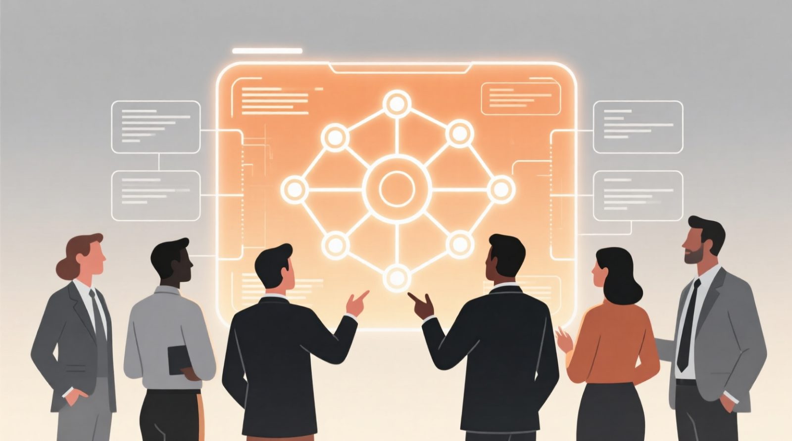 Diverse team collaborating on software architecture using C4 model visual paradigm displayed on glowing holographic interface.