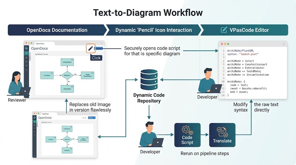 Step-by-step workflow diagram demonstrating how clicking the Pencil icon in OpenDocs opens the VPasCode script editor to dynamically edit and update dynamic PlantUML ArchiMate diagrams.