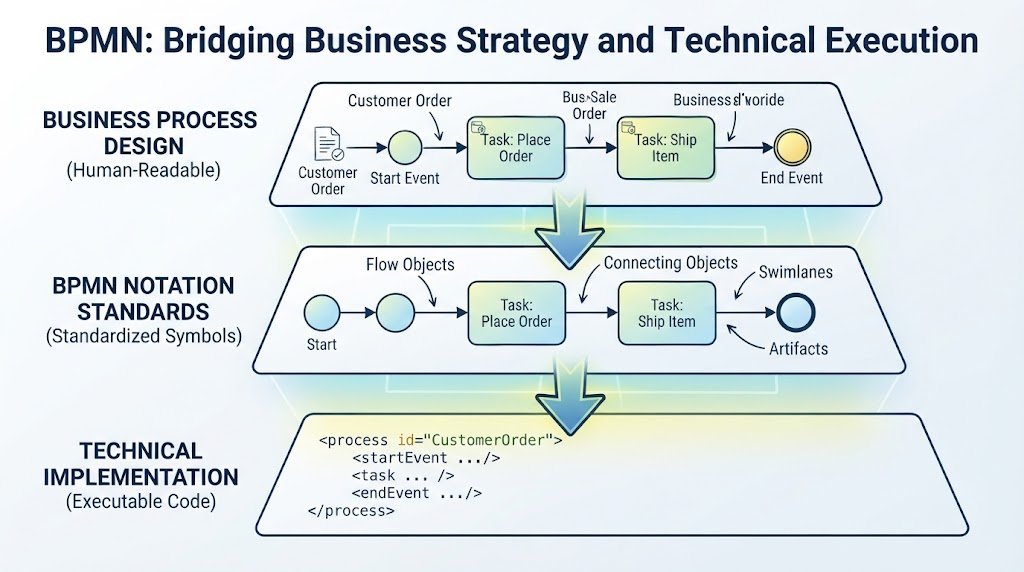 Conceptual architecture diagram comparing business process design, BPMN notation standards, and technical implementation layers.