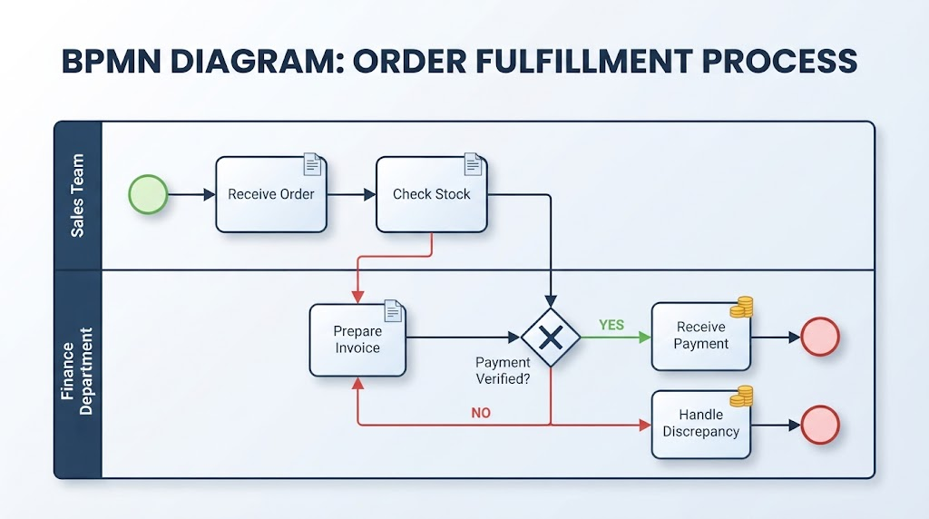 A BPMN diagram illustrating an Order Fulfillment process, clearly showing 'Sales Team' and 'Finance Department' swimlanes, tasks, gateways, and sequence flows.