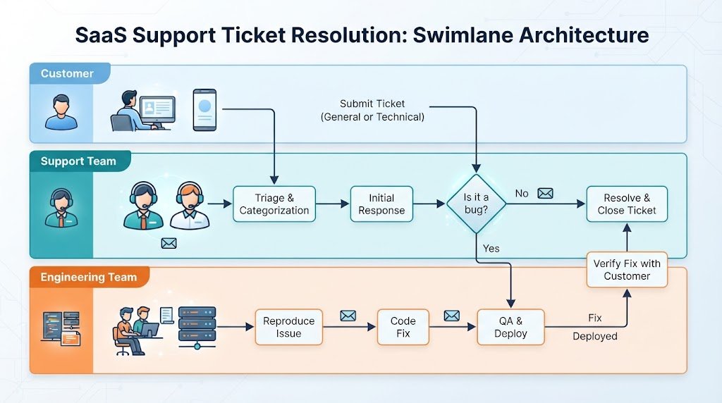 BPMN swimlane architecture diagram showing distinct roles for Customer, Support Team, and Engineering Team in a SaaS ticketing workflow.
