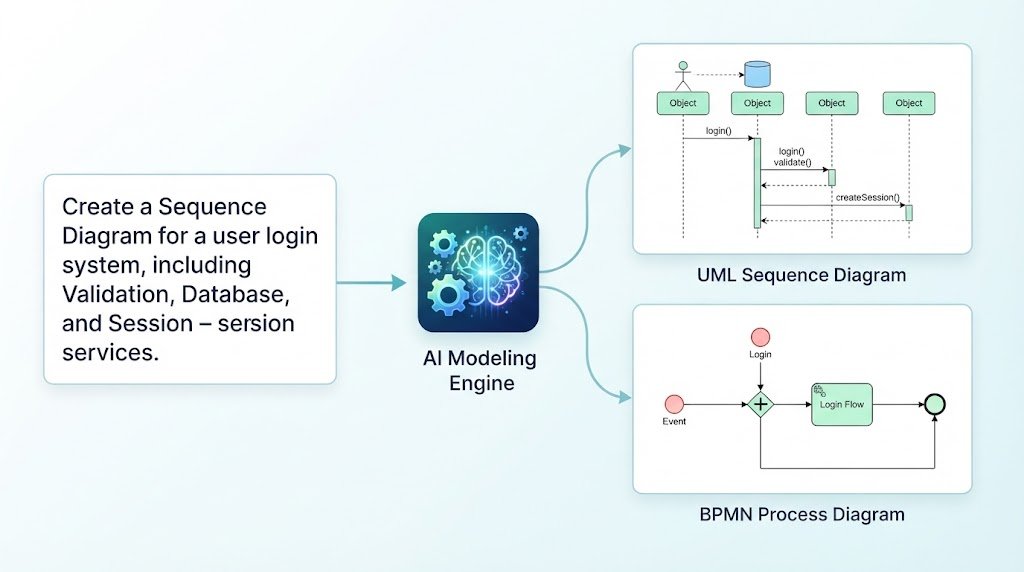 Infographic illustrating the text-to-diagram workflow of the Visual Paradigm AI Chatbot converting natural language prompts into structured UML and BPMN architecture