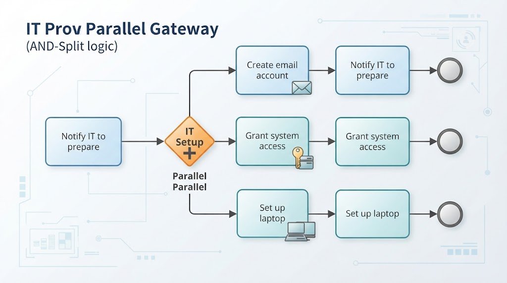 Infographic detailing the BPMN Parallel Gateway (AND-Split) used for IT provisioning, showing concurrent paths for email, access, and laptop setup.
