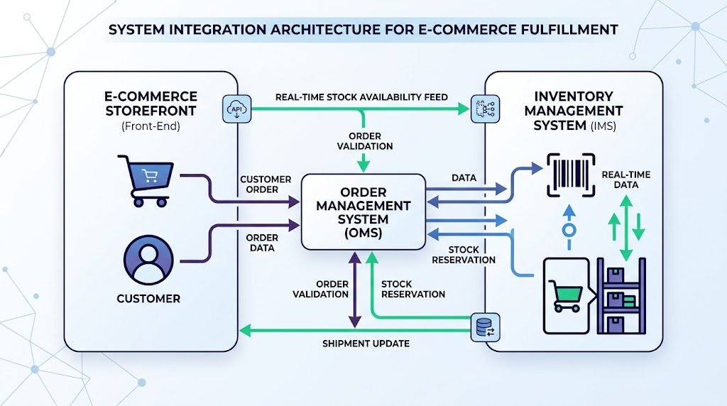 Conceptual 16:9 architectural visual detailing system integration pathways between E-Commerce Storefront, Order Management System (OMS), and Inventory Management System (IMS)