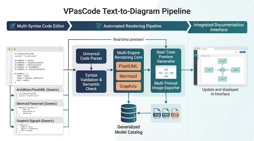 Conceptual architectural infographic illustrating the VPasCode text-to-diagram pipeline supporting PlantUML, Mermaid, and Graphviz syntaxes with real-time vector and raster rendering capabilities.