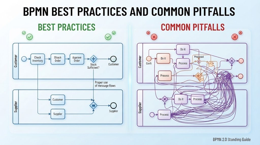 Comparative diagram outlining key business process modeling best practices alongside common architectural pitfalls to avoid.