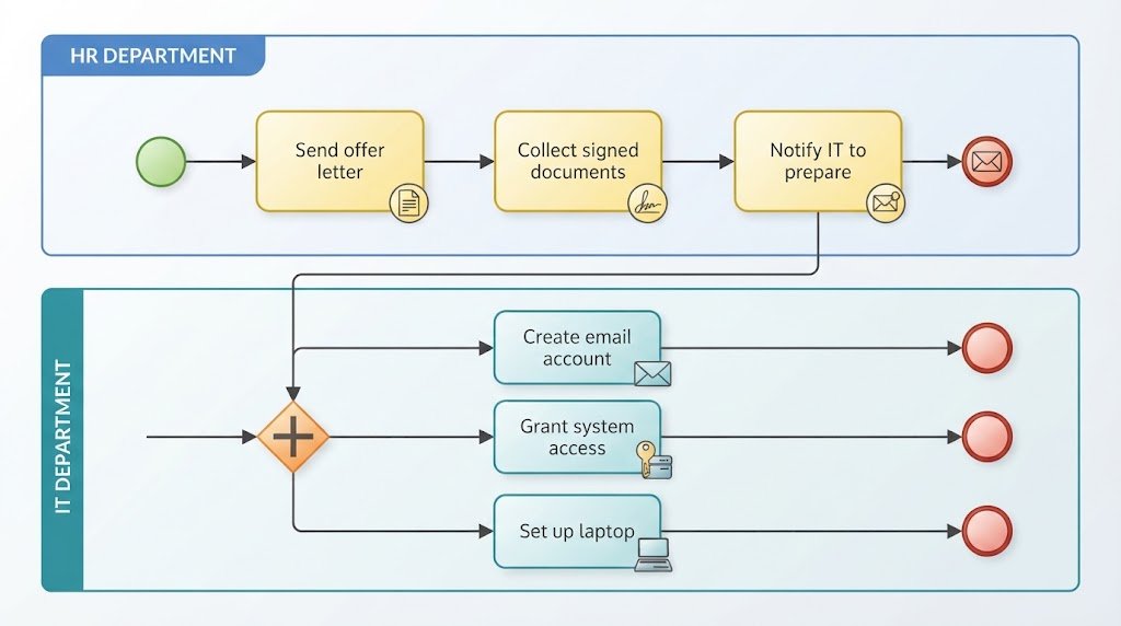 Conceptual infographic illustrating HR and IT swimlanes in a BPMN diagram, showing clear role separation for onboarding tasks.