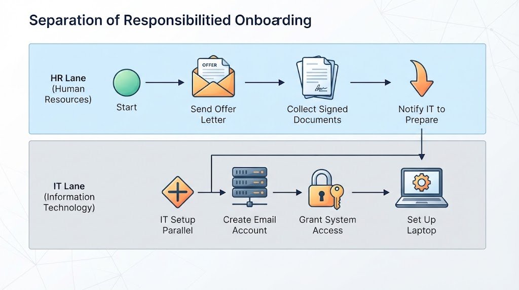 Infographic illustrating HR and IT swimlanes in a BPMN diagram, showing distinct responsibilities for employee onboarding.